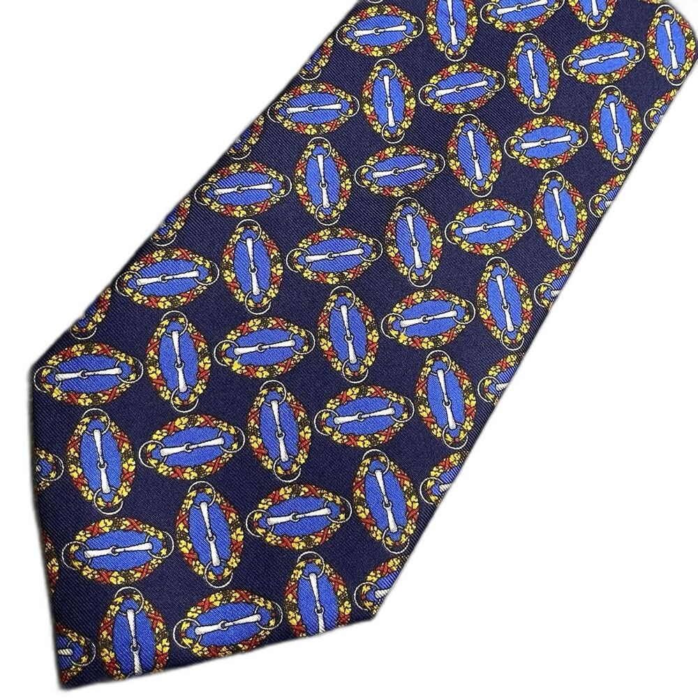 Richel Spain Silk Tie Equestrian Horsebit Stirrup Handmade Vintage Mens Blue